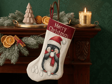 Christmas Stocking Cross Stitch Pattern - Cute Penguin Santa Hat Needlepoint Canvas
