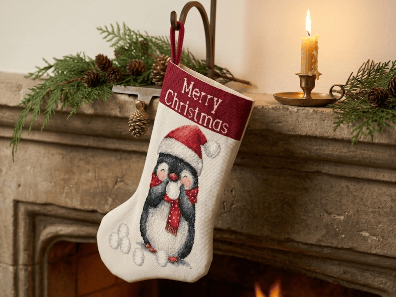 Christmas Stocking Cross Stitch Pattern - Cute Penguin Santa Hat Needlepoint Canvas