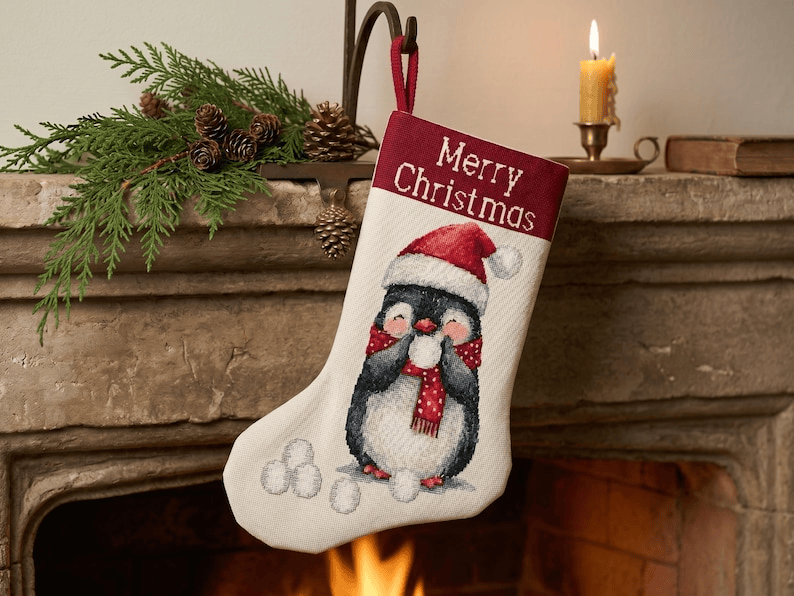 Christmas Stocking Cross Stitch Pattern - Cute Penguin Santa Hat Needlepoint Canvas