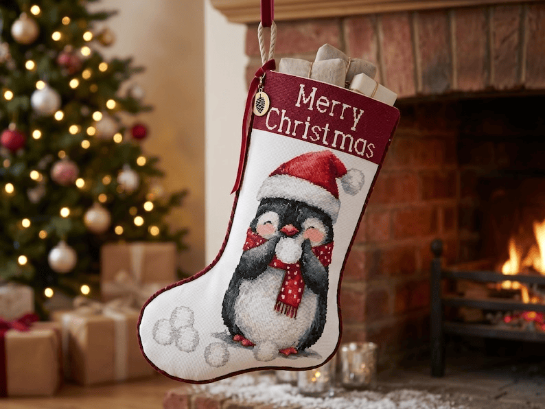 Christmas Stocking Cross Stitch Pattern - Cute Penguin Santa Hat Needlepoint Canvas