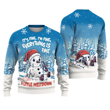 Everything is Fine Meltdown Ugly Christmas Sweater - Funny Snowman Holiday Knit Print