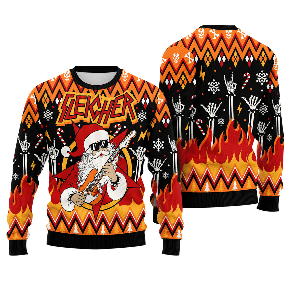 Sleigher Santa Ugly Christmas Sweater - Heavy Metal Rock Holiday Knit Print