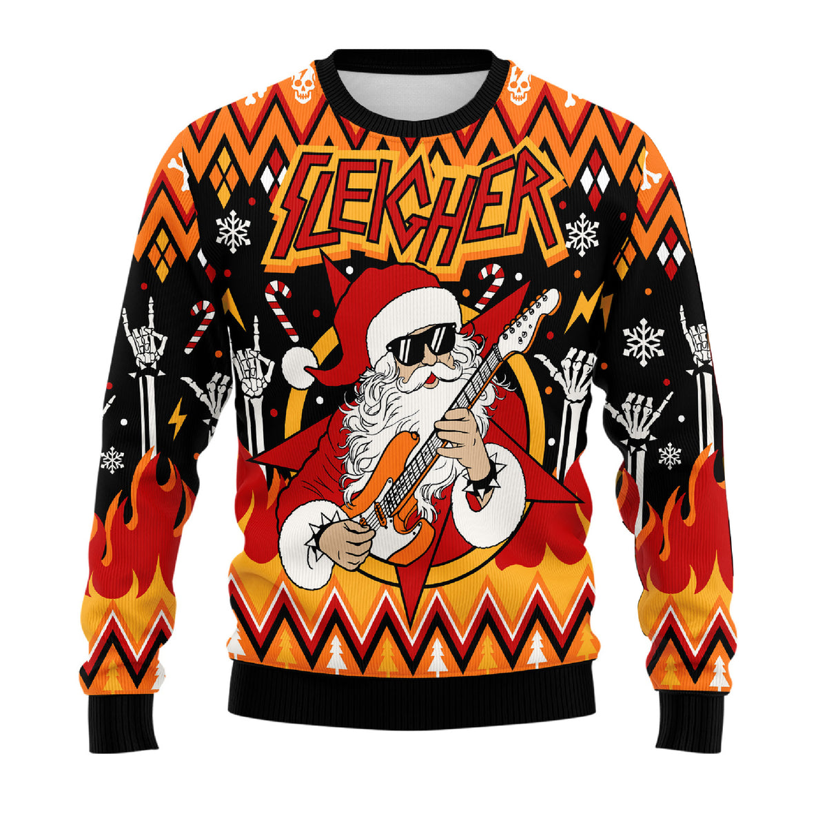 Sleigher Santa Ugly Christmas Sweater - Heavy Metal Rock Holiday Knit Print