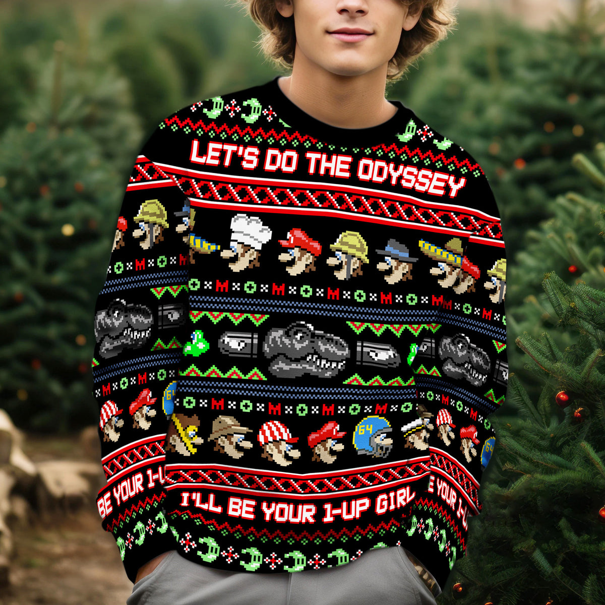 Let us Do The Odyssey Ugly Christmas Sweater - Retro Video Game Holiday Knit Print