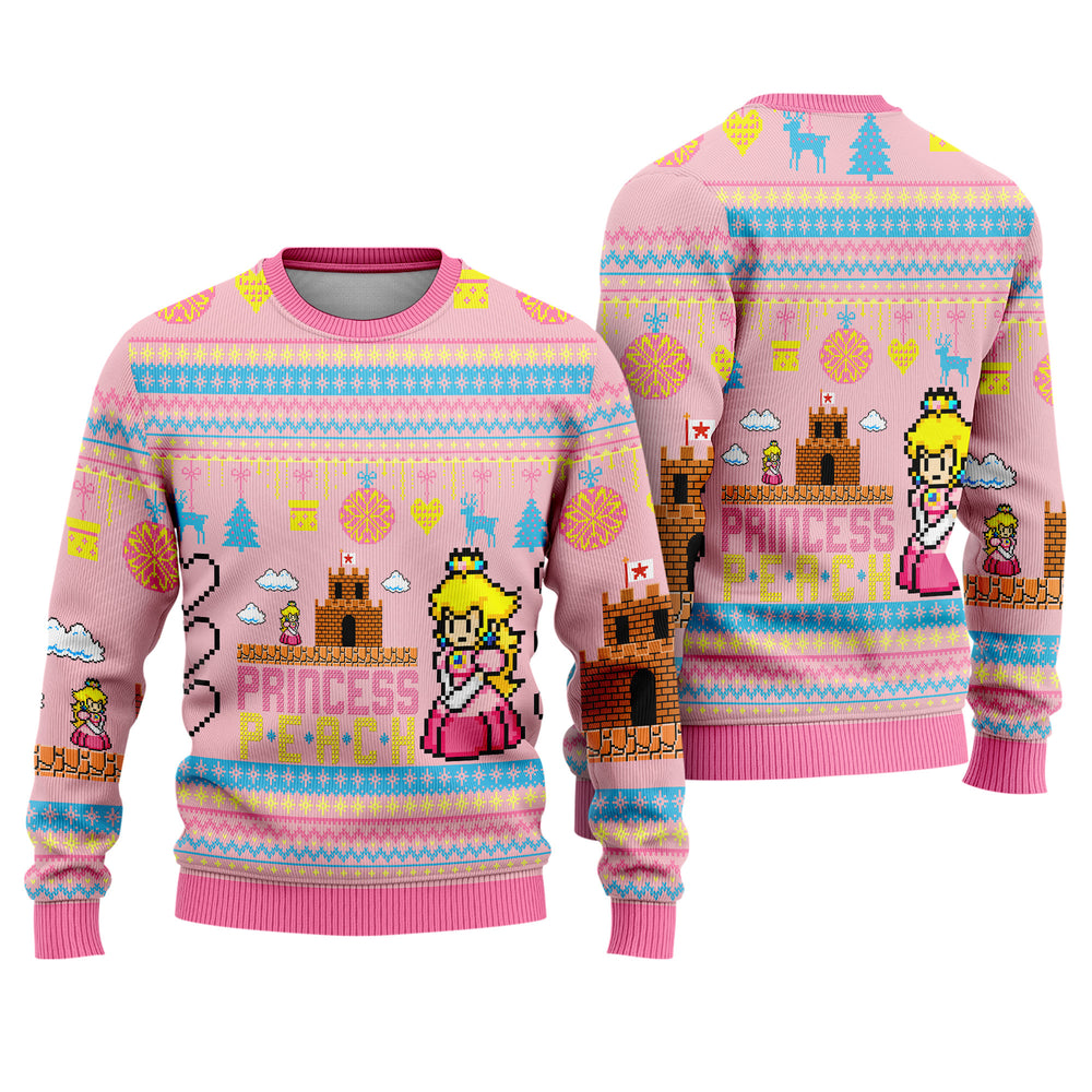 Princess Peach Ugly Christmas Sweater - Retro Video Game Holiday Knit Print