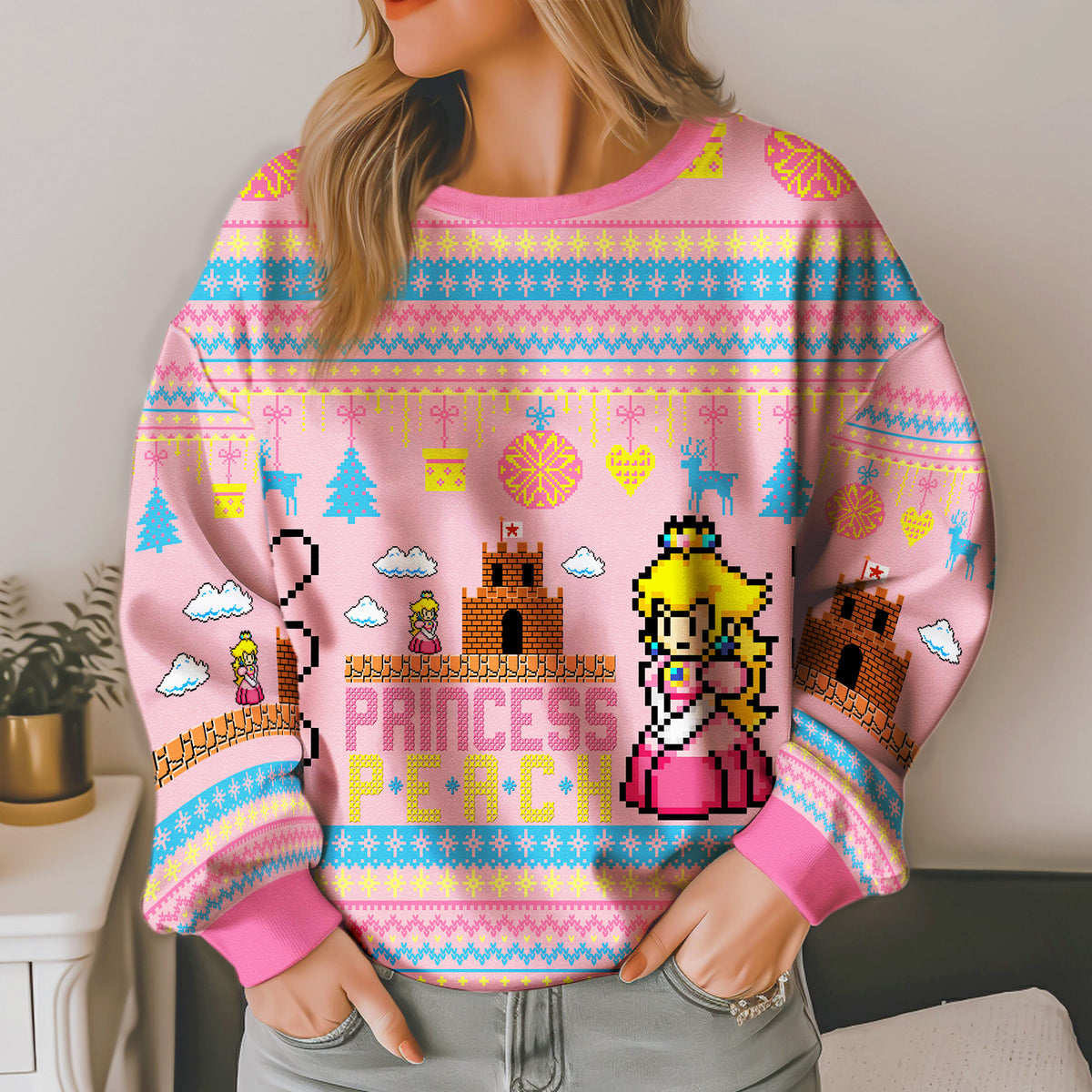 Princess Peach Ugly Christmas Sweater - Retro Video Game Holiday Knit Print