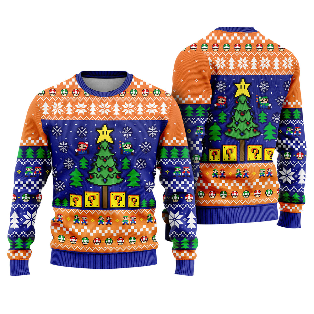 Super Mario Bros Pixel Art Ugly Christmas Sweater - Retro Video Game Holiday Knit Print