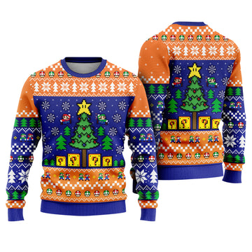 Super Mario Bros Pixel Art Ugly Christmas Sweater - Retro Video Game Holiday Knit Print