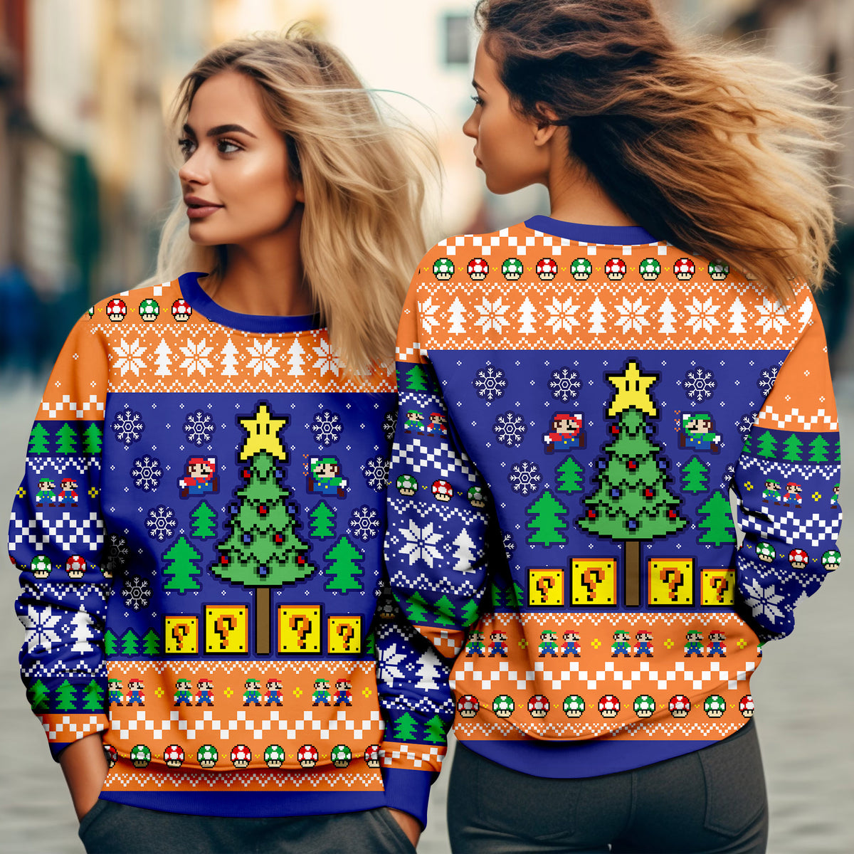 Super Mario Bros Pixel Art Ugly Christmas Sweater - Retro Video Game Holiday Knit Print