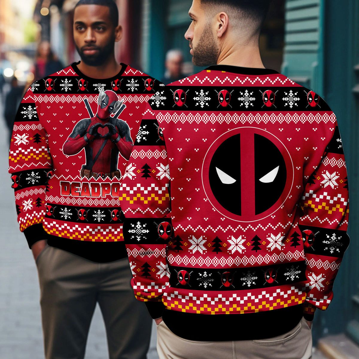 Masked Merc Love Gesture Ugly Christmas Sweater - Funny Antihero Holiday Knit Print