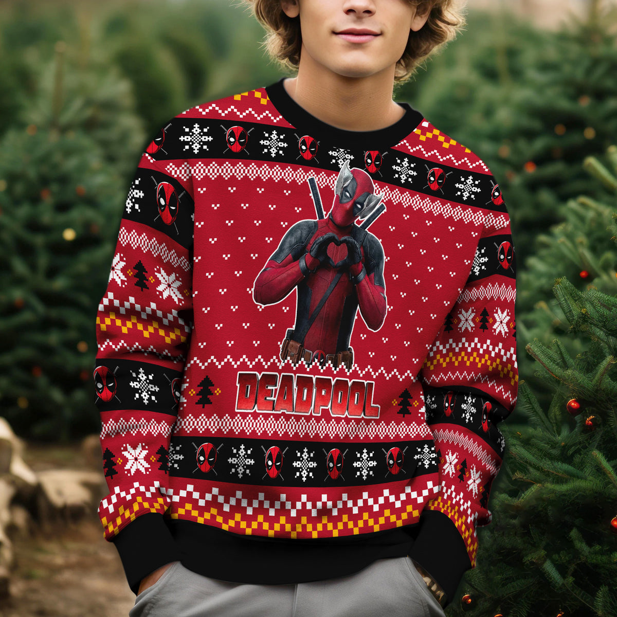 Masked Merc Love Gesture Ugly Christmas Sweater - Funny Antihero Holiday Knit Print