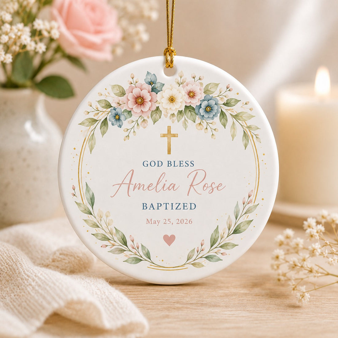 Personalized Baptism Ceramic Ornament - Custom Name God Bless Floral Cross Print