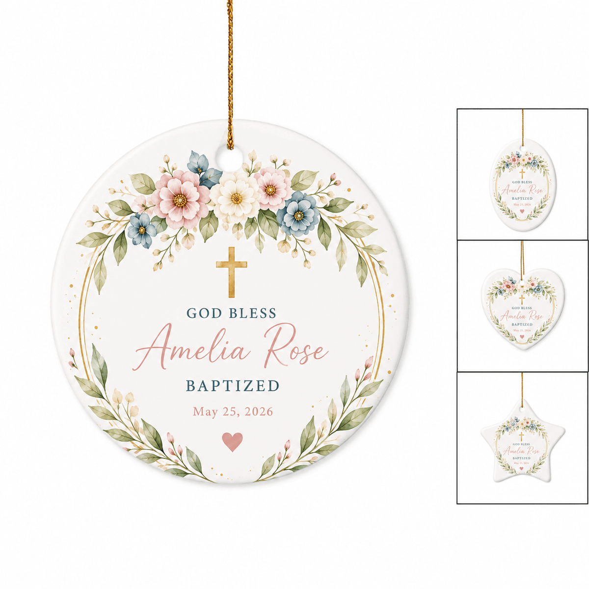 Personalized Baptism Ceramic Ornament - Custom Name God Bless Floral Cross Print