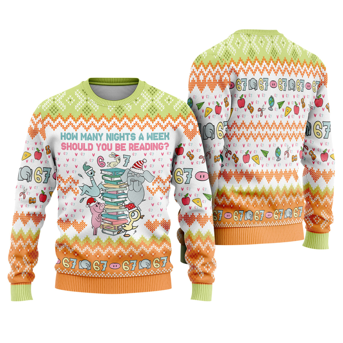 Pigeon Elephant Piggie Ugly Christmas Sweater - Funny Book Lover Holiday Knit Print