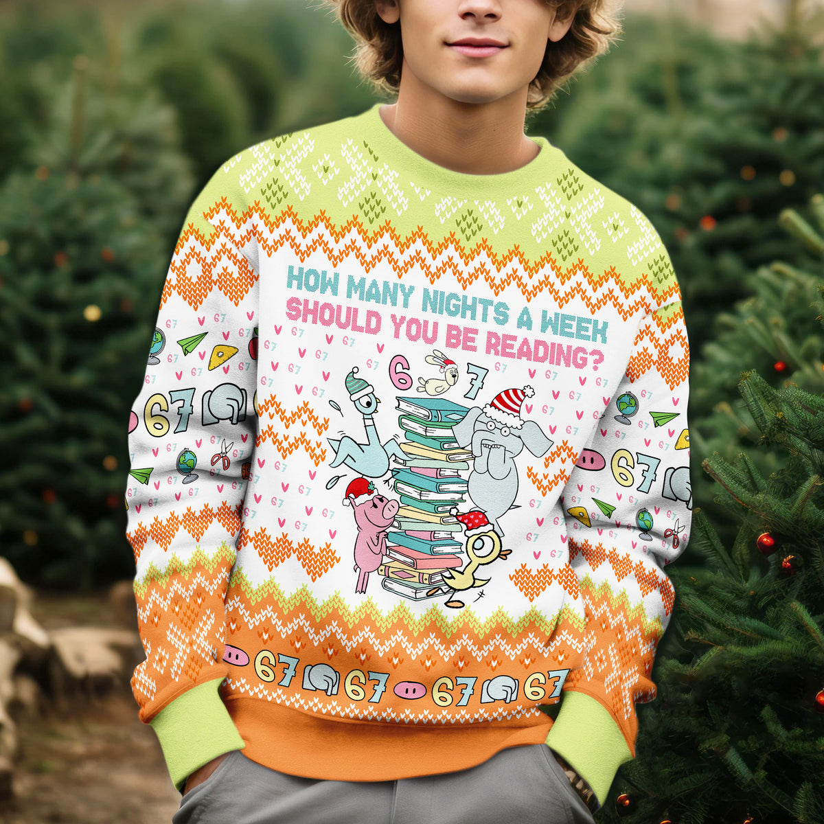 Pigeon Elephant Piggie Ugly Christmas Sweater - Funny Book Lover Holiday Knit Print