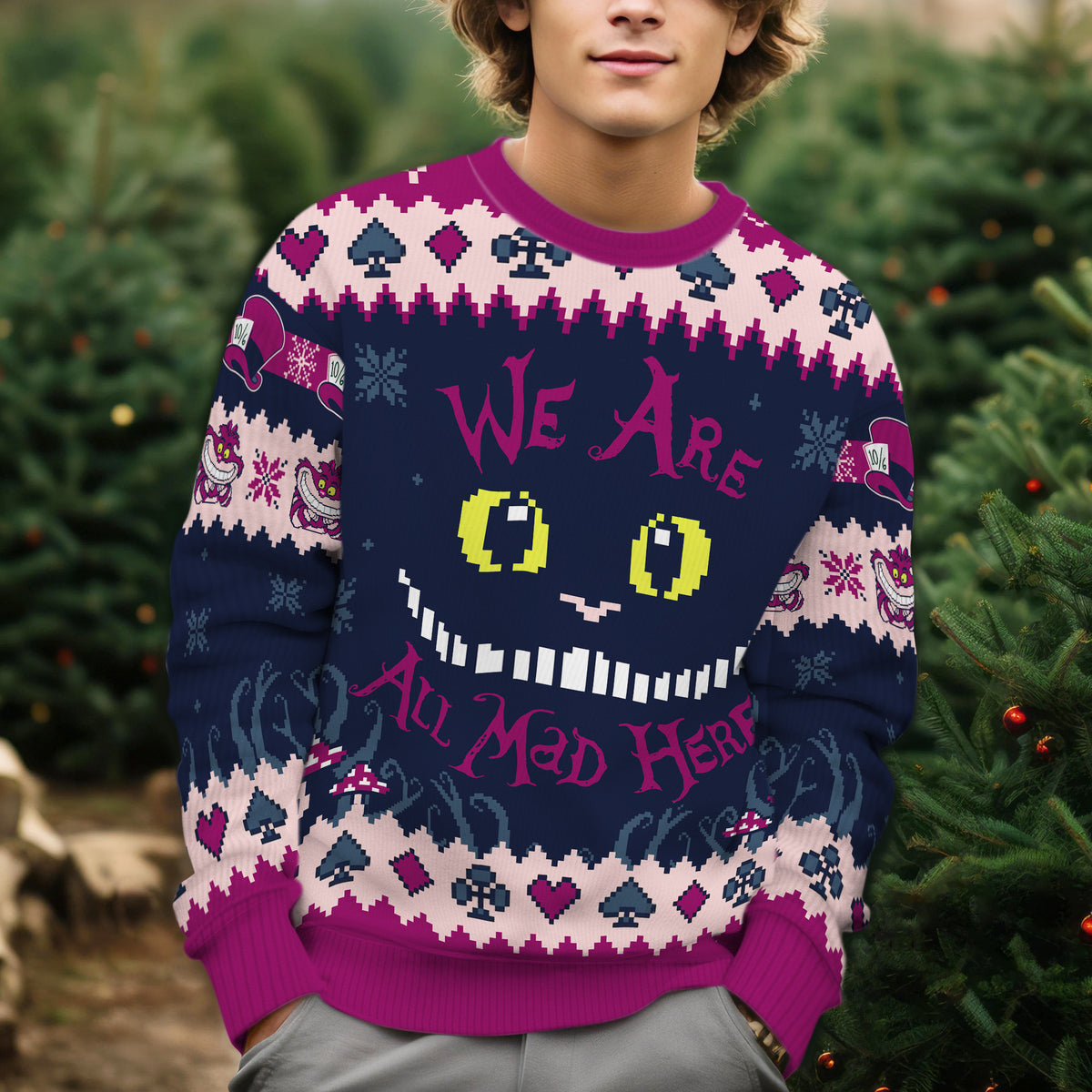 Cheshire Cat Ugly Christmas Sweater - Alice In Wonderland Holiday Knit Print