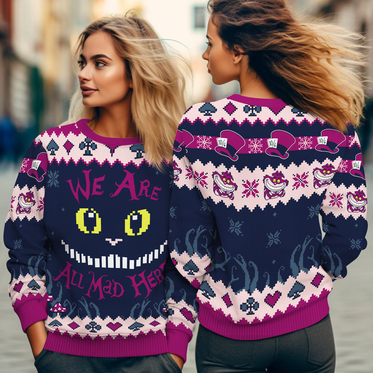 Cheshire Cat Ugly Christmas Sweater - Alice In Wonderland Holiday Knit Print