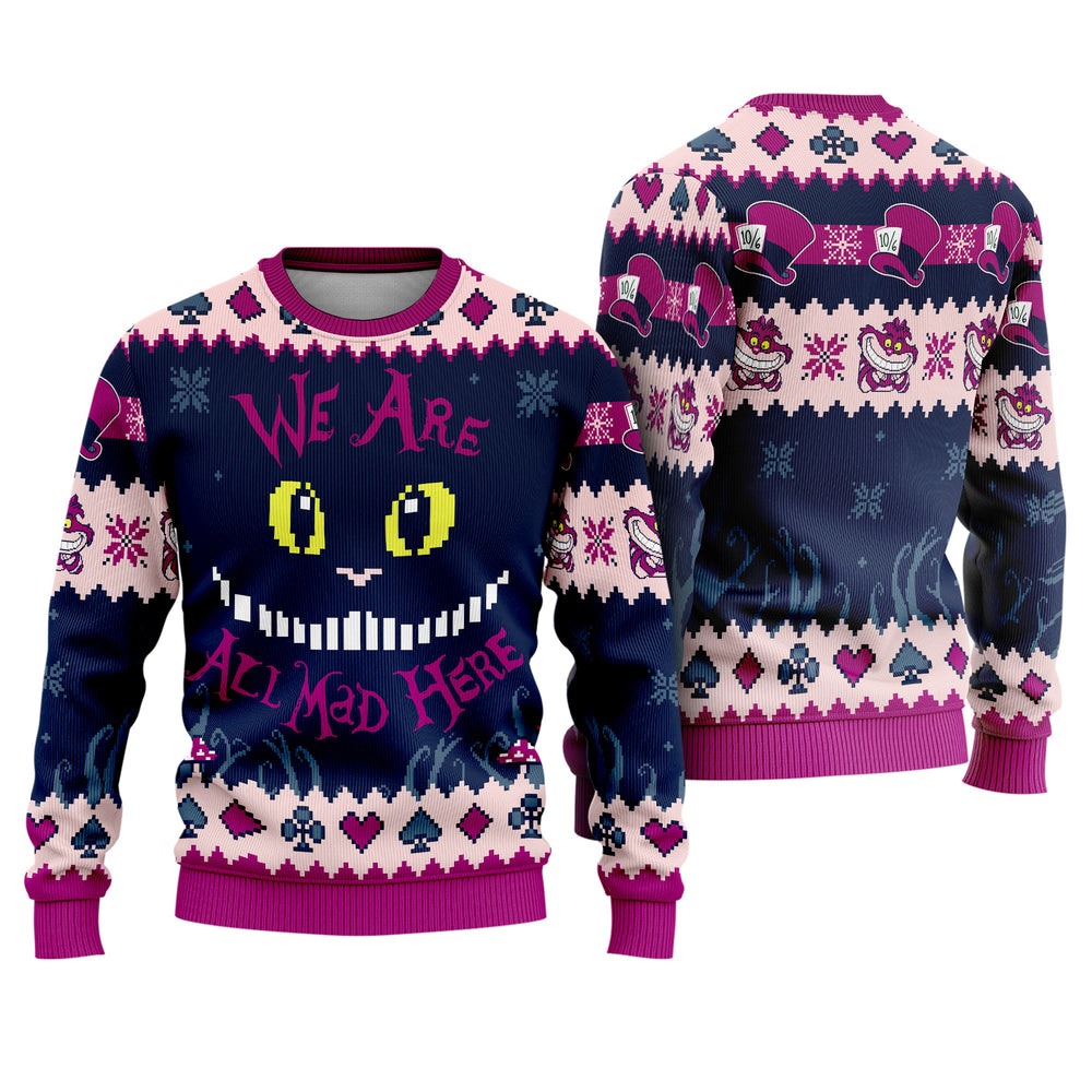 Cheshire Cat Ugly Christmas Sweater - Alice In Wonderland Holiday Knit Print