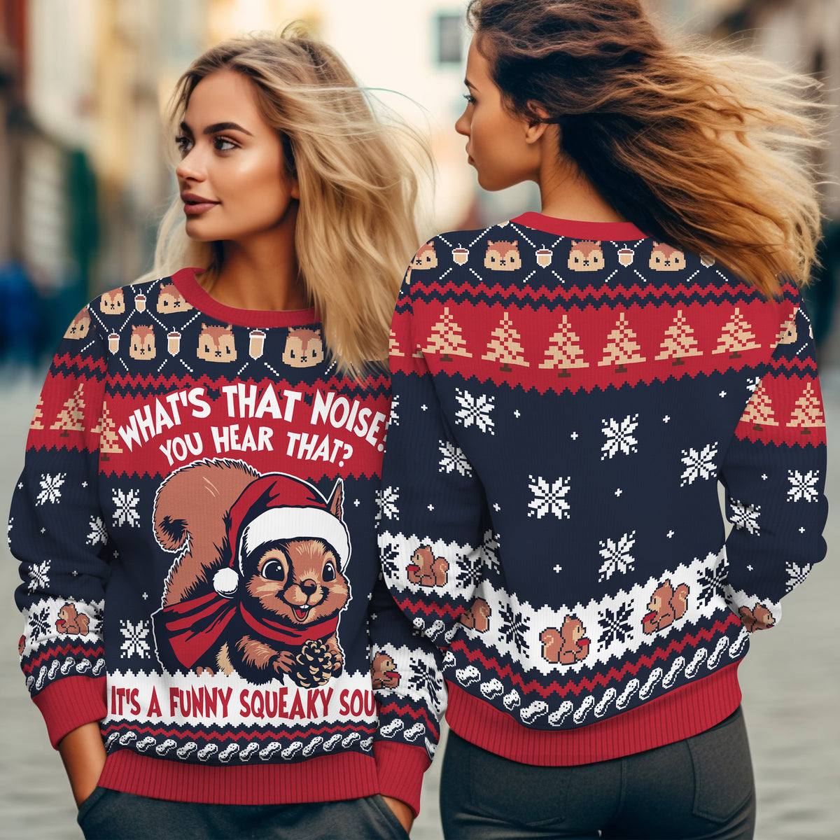 Squirrel Squeaky Sound Ugly Christmas Sweater - Funny Festive Holiday Knit Print