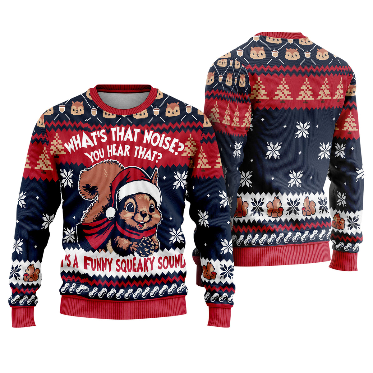 Squirrel Squeaky Sound Ugly Christmas Sweater - Funny Festive Holiday Knit Print