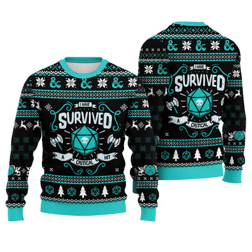 Dungeon I Have Survived A Critical Hit Ugly Christmas Sweater - Gaming Holiday Knit Print