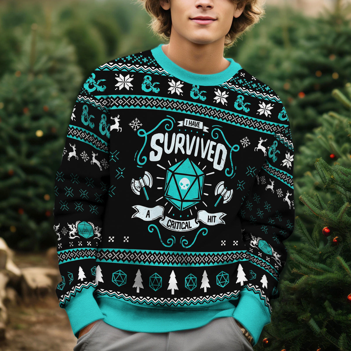 Dungeon I Have Survived A Critical Hit Ugly Christmas Sweater - Gaming Holiday Knit Print