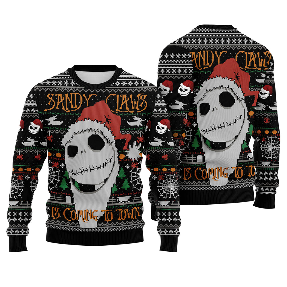 Jack Skellington Ugly Christmas Sweater - Sandy Claws Is Coming To Town Knit Print