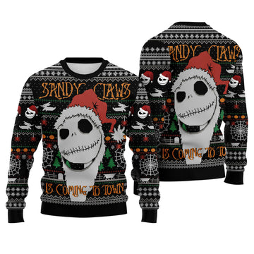 Jack Skellington Ugly Christmas Sweater - Sandy Claws Is Coming To Town Knit Print