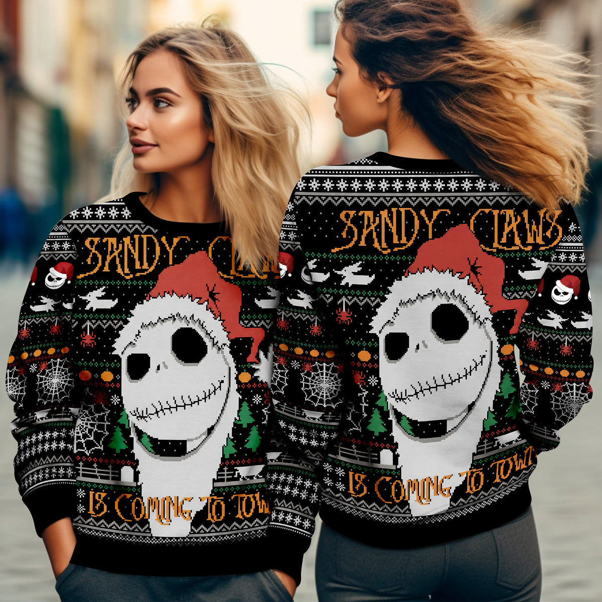 Jack Skellington Ugly Christmas Sweater - Sandy Claws Is Coming To Town Knit Print