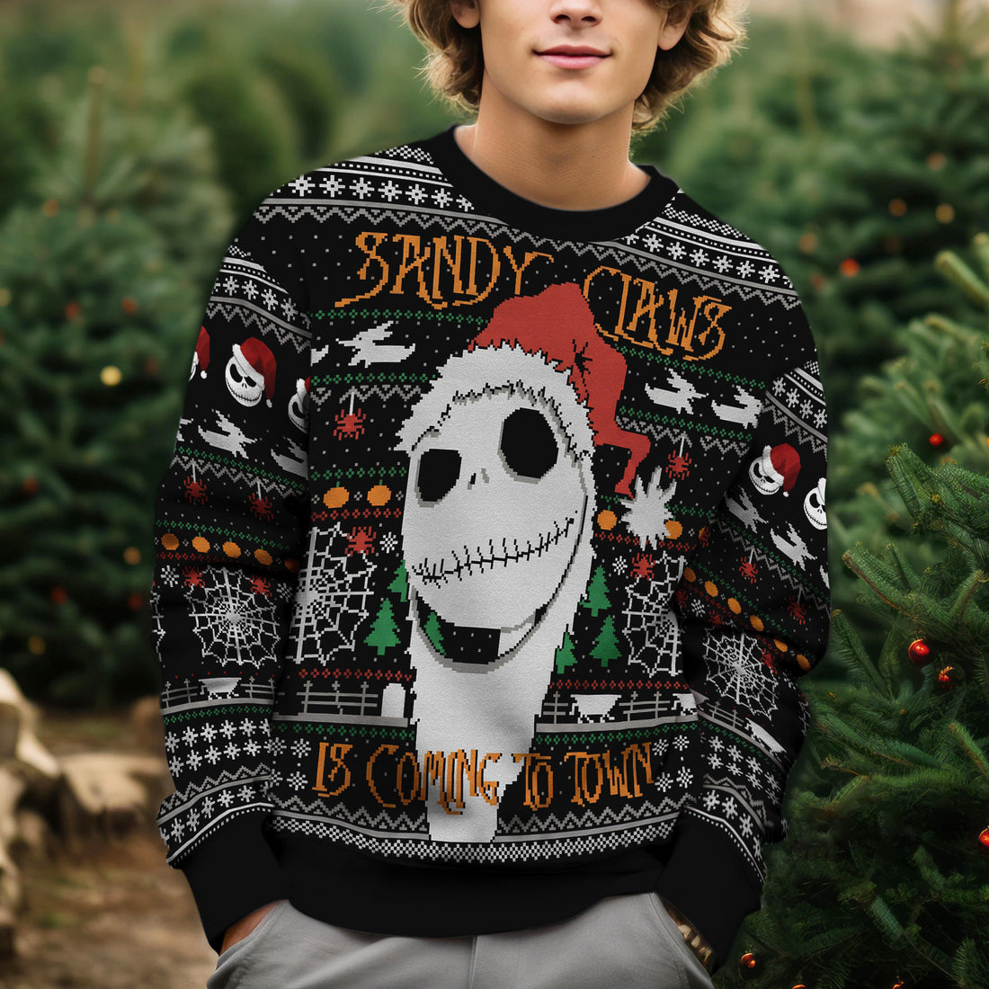 Jack Skellington Ugly Christmas Sweater - Sandy Claws Is Coming To Town Knit Print