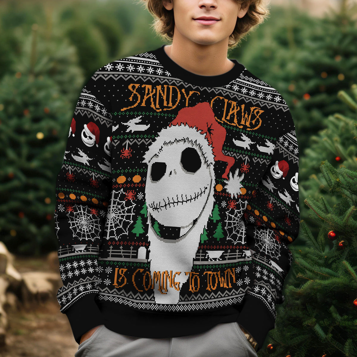 Jack Skellington Ugly Christmas Sweater - Sandy Claws Is Coming To Town Knit Print