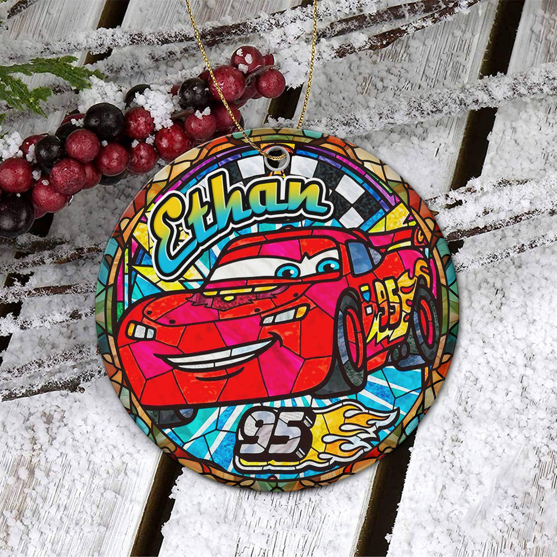 Red Racing Car Stained Glass Ornament - Custom Name 95 Speed Holiday Acrylic Disc