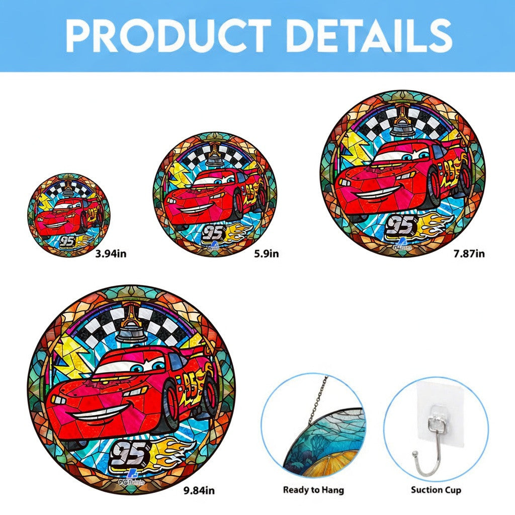 Red Racing Car Stained Glass Ornament - Custom Name 95 Speed Holiday Acrylic Disc