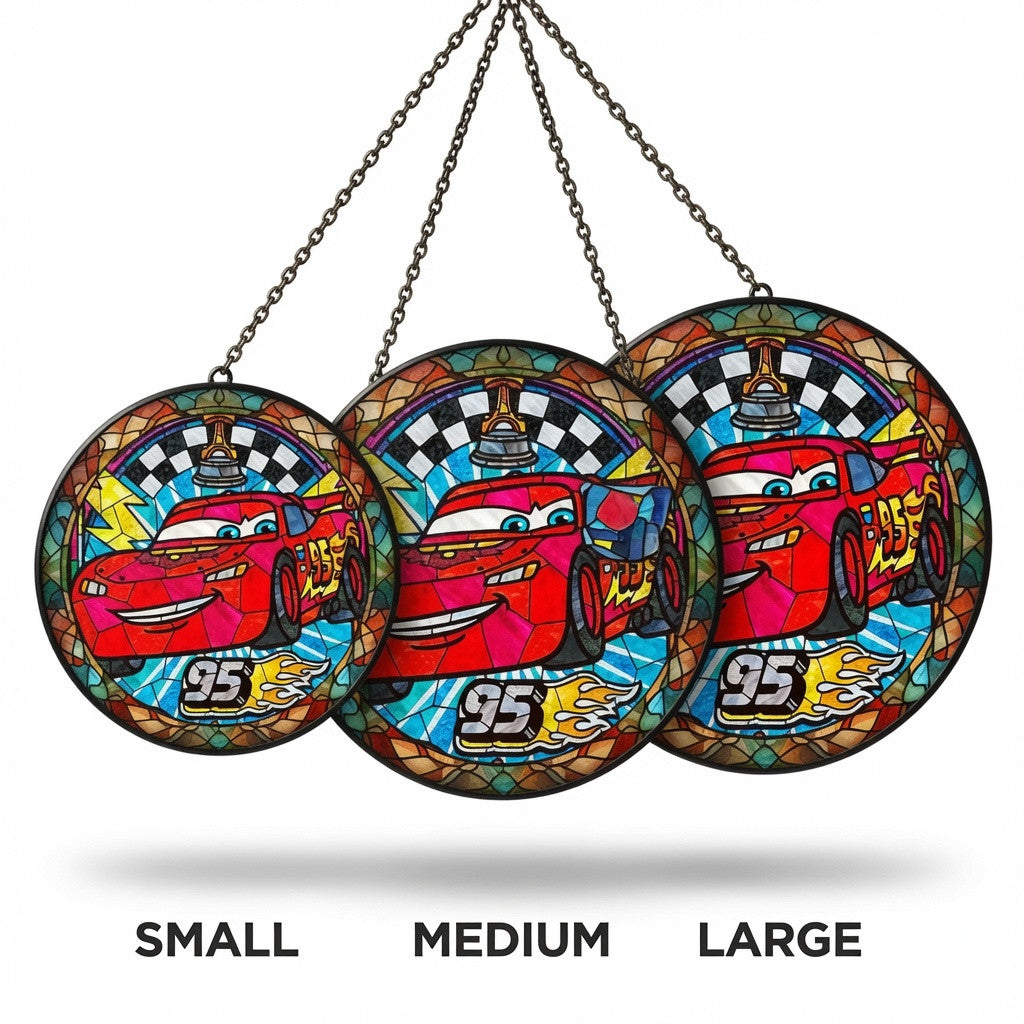Red Racing Car Stained Glass Ornament - Custom Name 95 Speed Holiday Acrylic Disc