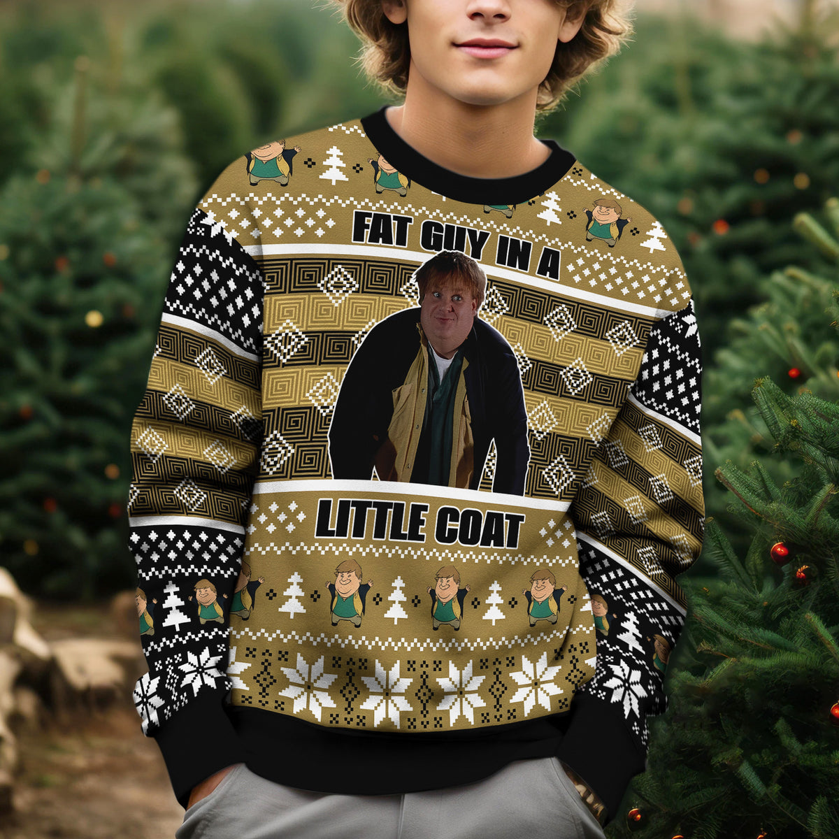 Chris Farley Fat Guy In A Little Coat Ugly Christmas Sweater - Funny Holiday Movie Knit Print