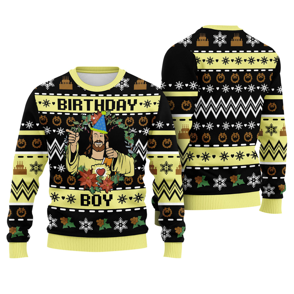 Jesus Birthday Boy Ugly Christmas Sweater - Funny Religious Holiday Knit Print