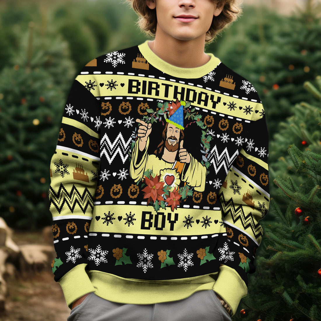 Jesus Birthday Boy Ugly Christmas Sweater - Funny Religious Holiday Knit Print
