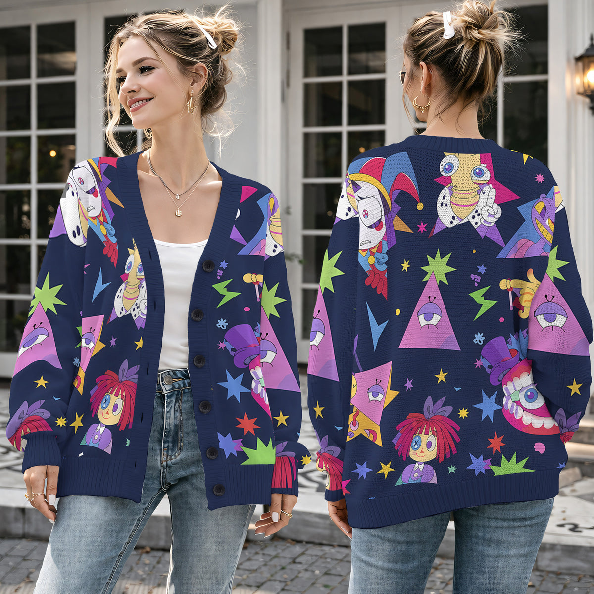The Amazing Digital Circus Cardigan Sweater - Navy Blue Neon Pomni Caine Knitwear