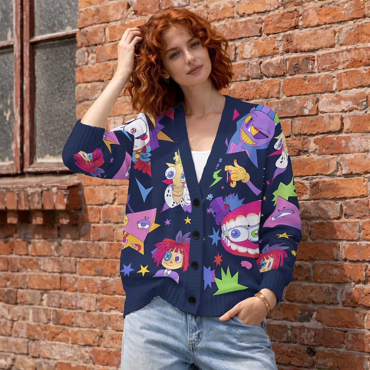The Amazing Digital Circus Cardigan Sweater - Navy Blue Neon Pomni Caine Knitwear
