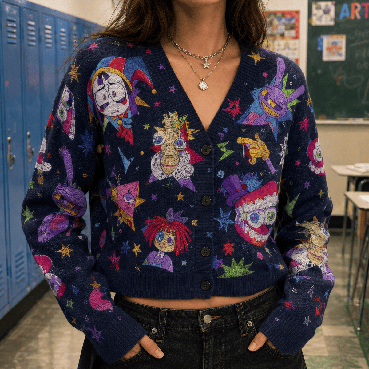 The Amazing Digital Circus Cardigan Sweater - Navy Blue Neon Pomni Caine Knitwear