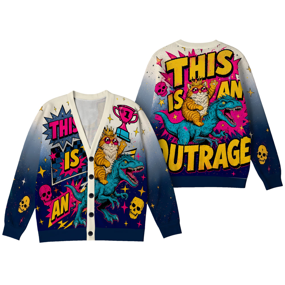 This Is An Outrage Cardigan Wool Sweater - Cat Riding Dinosaur Graphic Knitwear