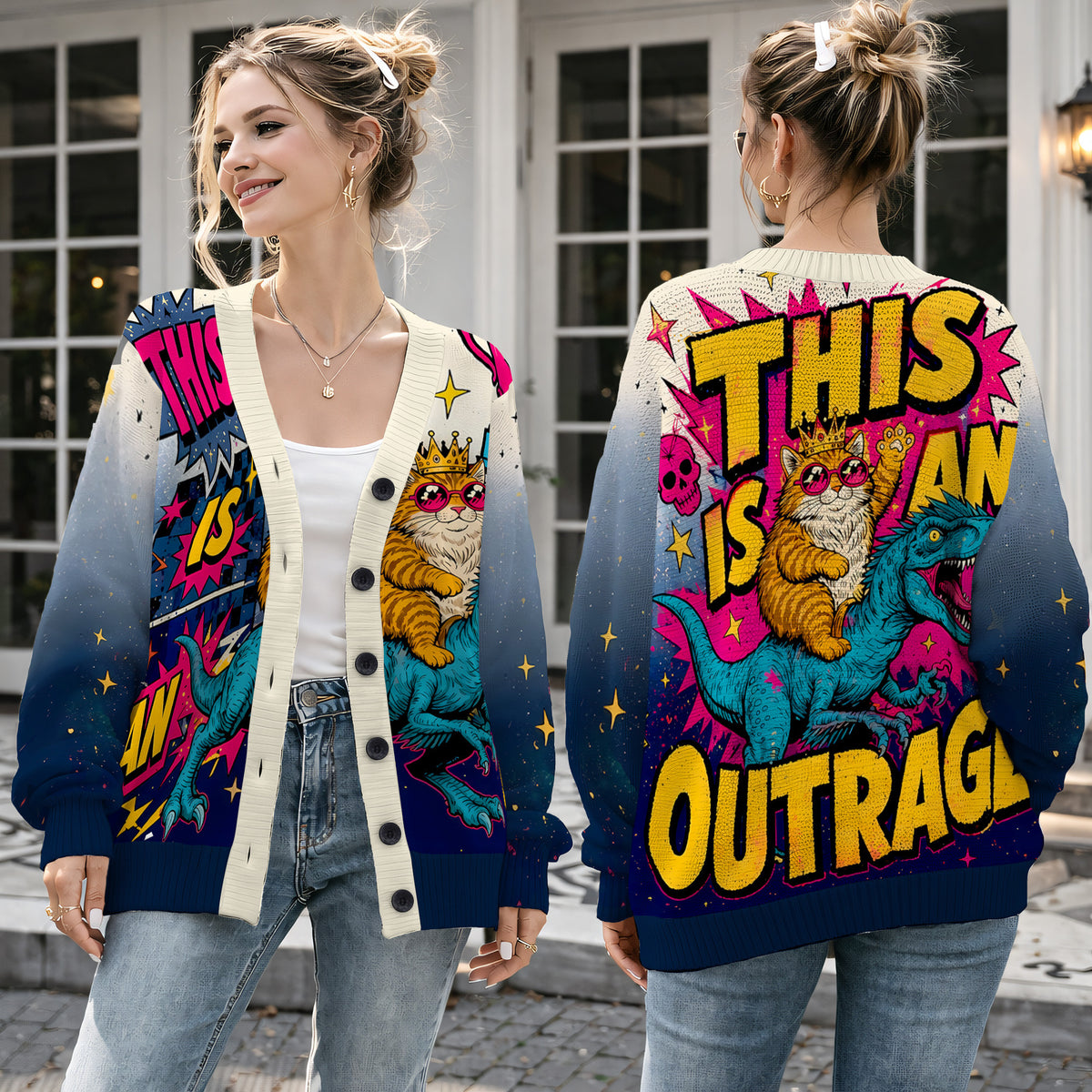 This Is An Outrage Cardigan Wool Sweater - Cat Riding Dinosaur Graphic Knitwear