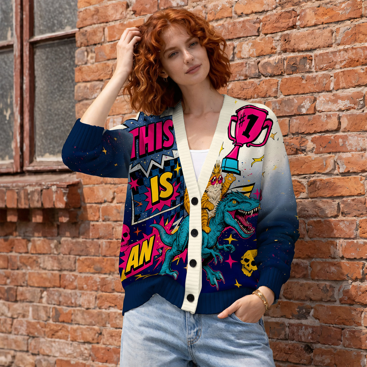 This Is An Outrage Cardigan Wool Sweater - Cat Riding Dinosaur Graphic Knitwear