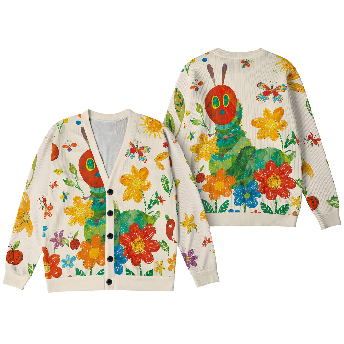 The Very Hungry Caterpillar Cardigan Wool Sweater - Off-White Cute Caterpillar Flower Print