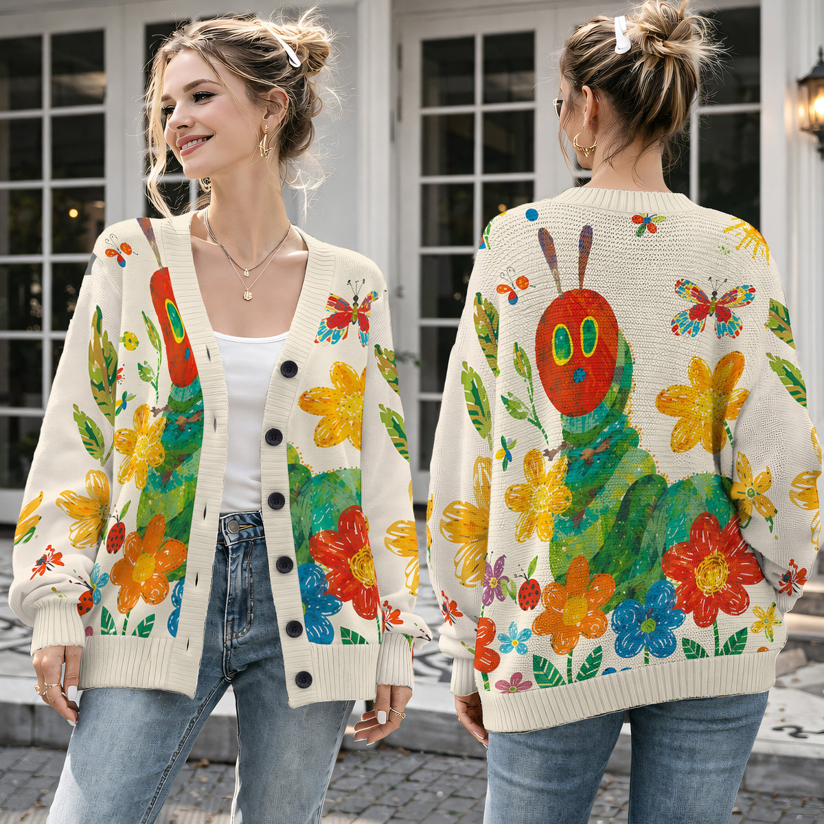 The Very Hungry Caterpillar Cardigan Wool Sweater - Off-White Cute Caterpillar Flower Print