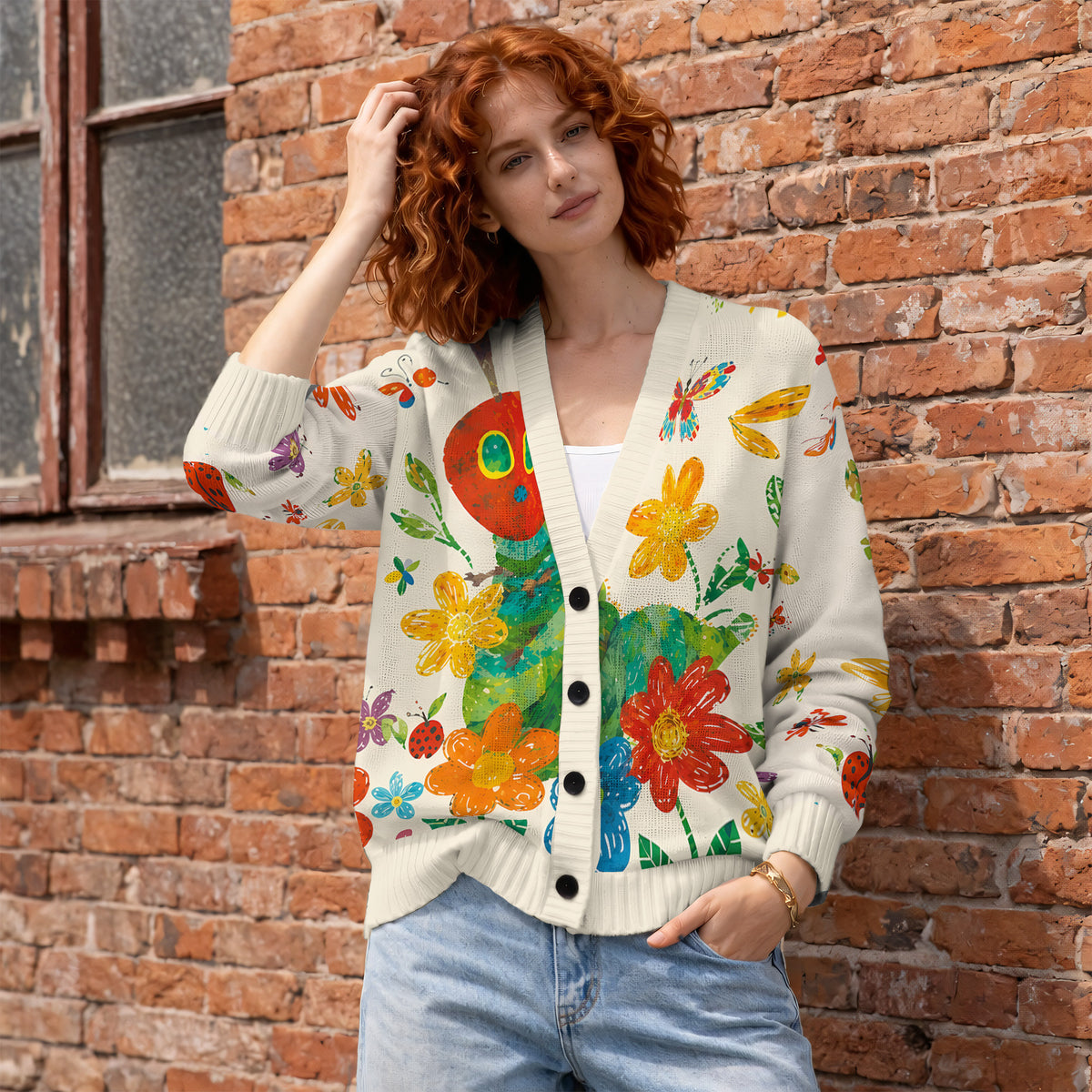 The Very Hungry Caterpillar Cardigan Wool Sweater - Off-White Cute Caterpillar Flower Print