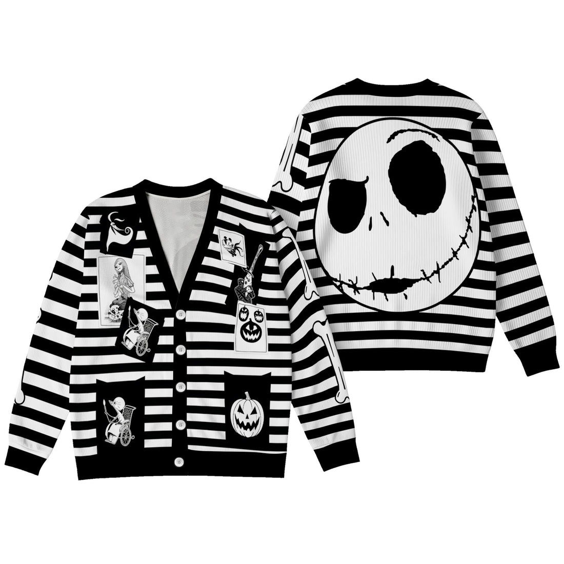 Nightmare Before Christmas Cardigan - Jack Skellington Black White Striped Knit