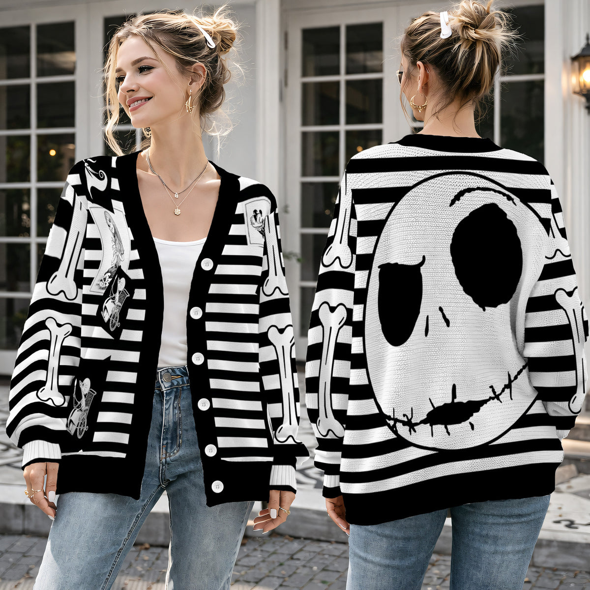 Nightmare Before Christmas Cardigan - Jack Skellington Black White Striped Knit