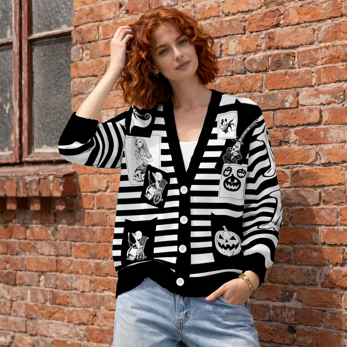 Nightmare Before Christmas Cardigan - Jack Skellington Black White Striped Knit