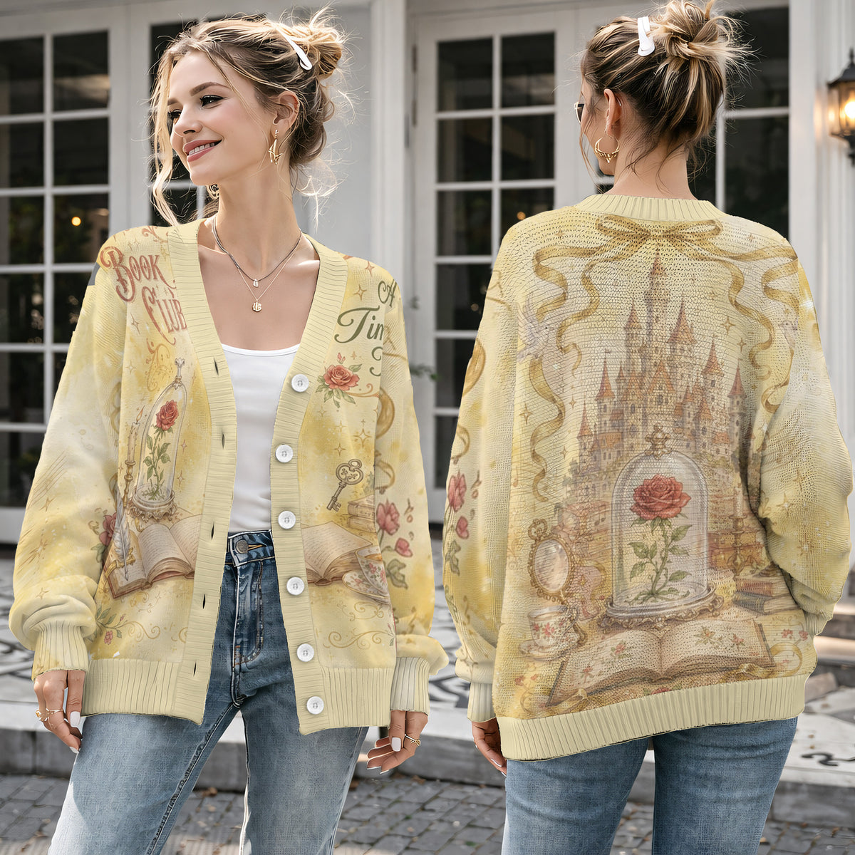 Beauty And The Beast Book Club Cardigan - Vintage Rose Castle Fairytale Knit